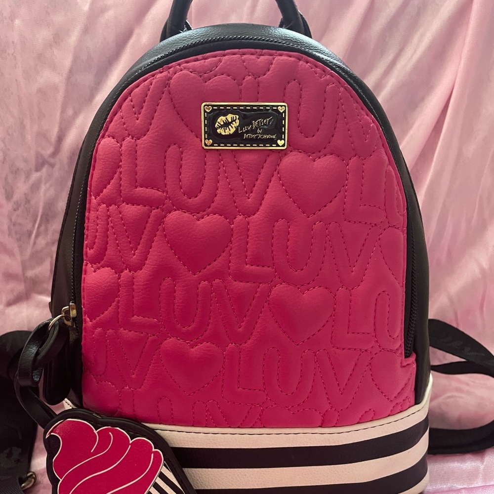 Luv Betsey Johnson Mini Backpack Pink Striped Cupcake Purse Charm